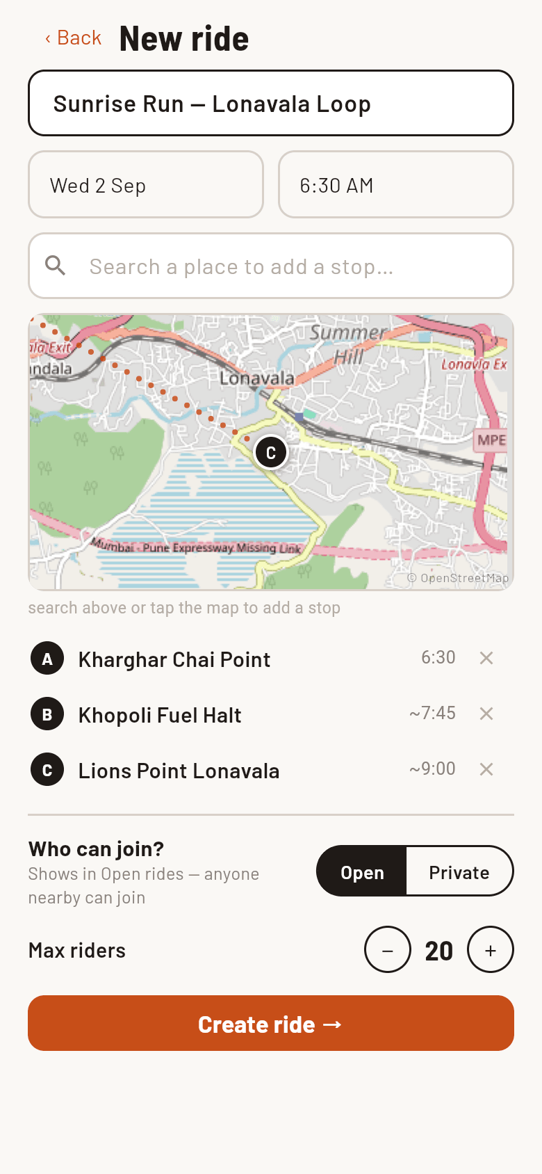 The New Ride screen with the ride name Sunrise Run — Lonavala Loop, date and time pickers, a route map, and stops A Kharghar Chai Point, B Khopoli Fuel Halt, C Lions Point Lonavala.