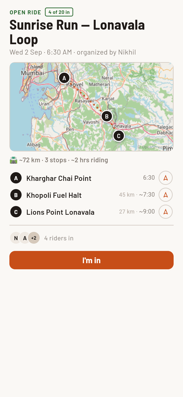 The invite link page a rider sees without the app: the route map, stops with distances and times, four riders in, and the I'm-in button.