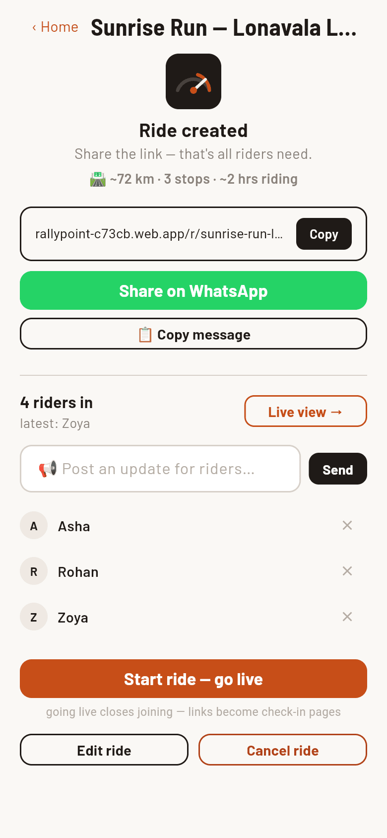 The Ride created screen showing the shareable fulltank link, a green Share on WhatsApp button, and the list of riders who joined: Asha, Rohan, and Zoya.